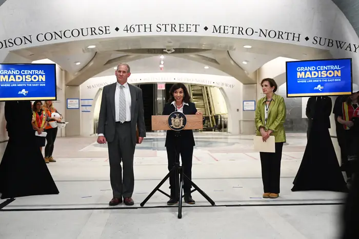 Governor Kathy Hochul with MTA leaders at the agency's new Grand Central Madison station.